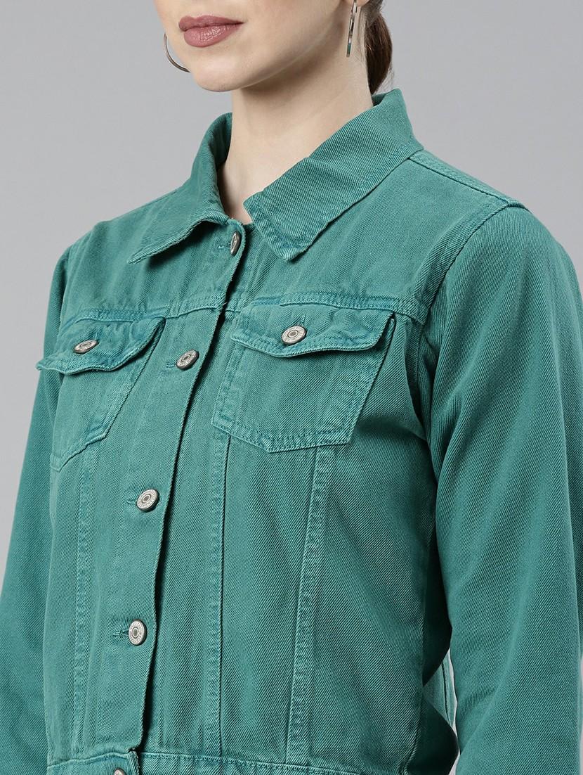 women turquoise solid denim jacket - 20610388 - Standard Image - 5