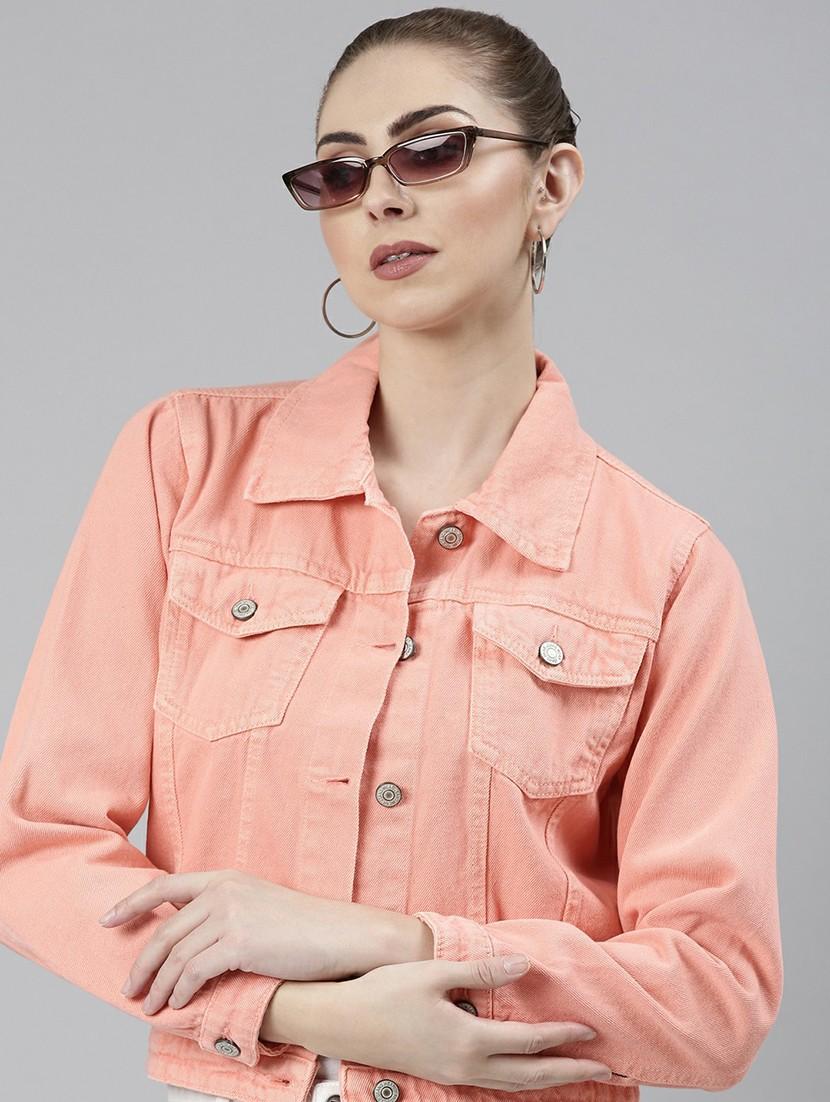 women peach solid denim jacket - 20610389 - Standard Image - 3
