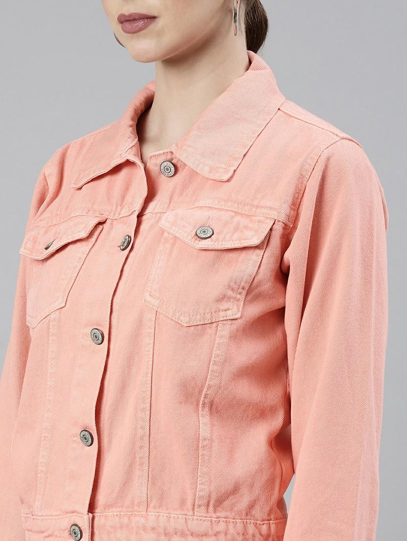 women peach solid denim jacket - 20610389 - Standard Image - 5