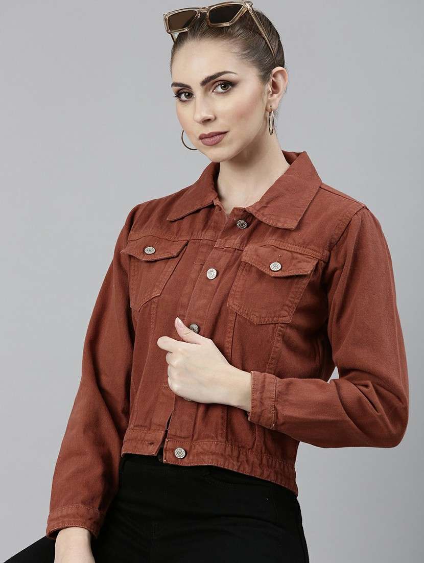 Women Rust Solid Denim Jacket - 20610392 -  Standard Image - 3
