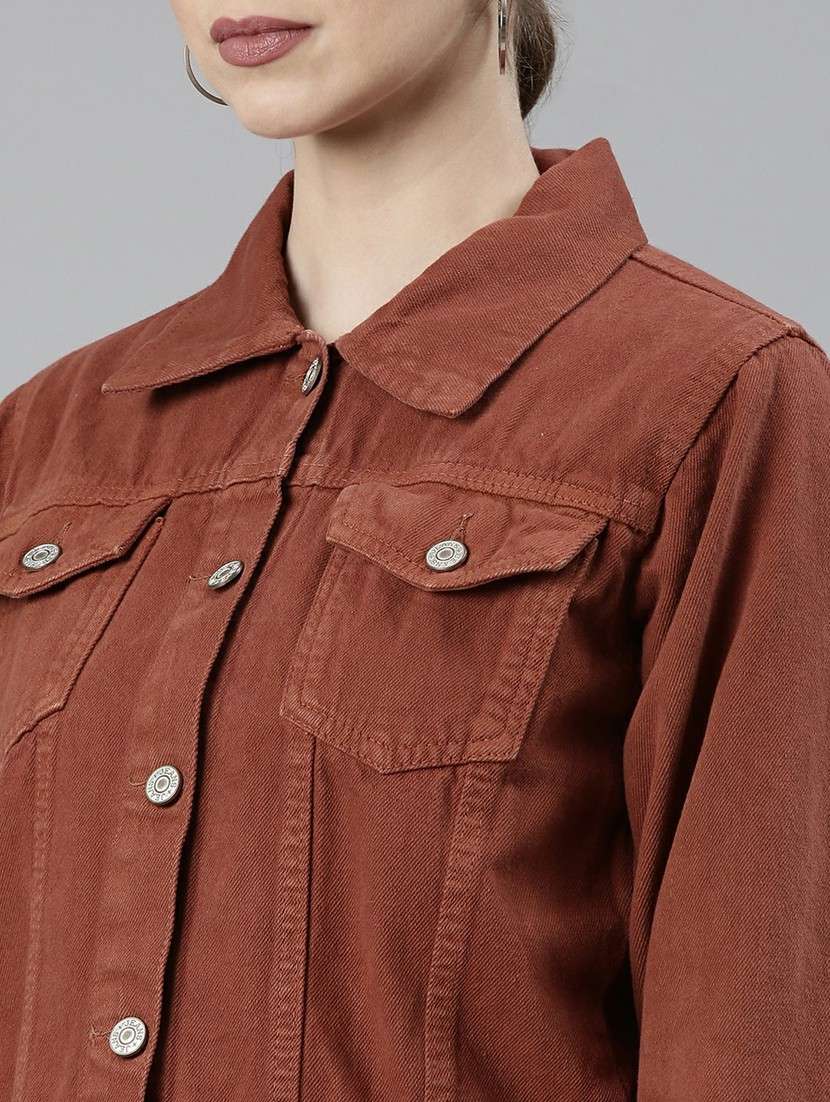 Women Rust Solid Denim Jacket - 20610392 -  Standard Image - 5