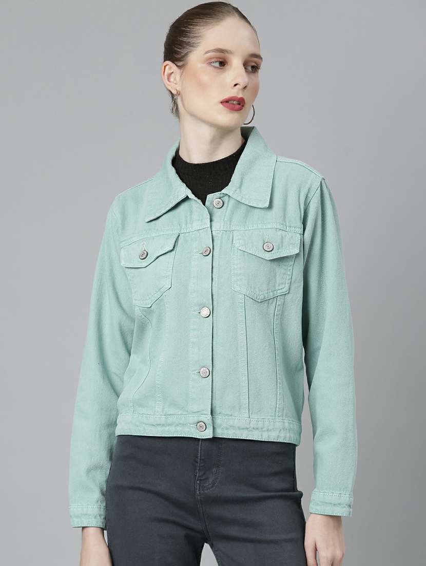 women sea green solid denim jacket - 20610394 -  Zoom Image - 0