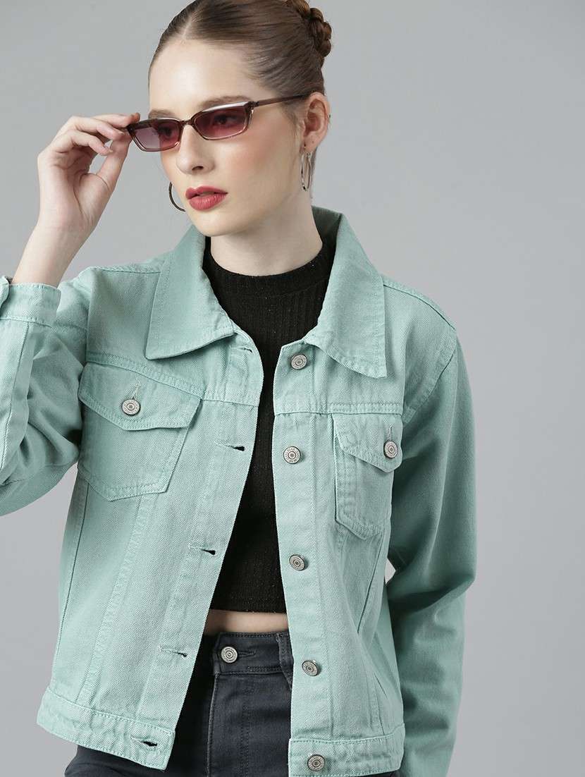 women sea green solid denim jacket - 20610394 -  Standard Image - 3