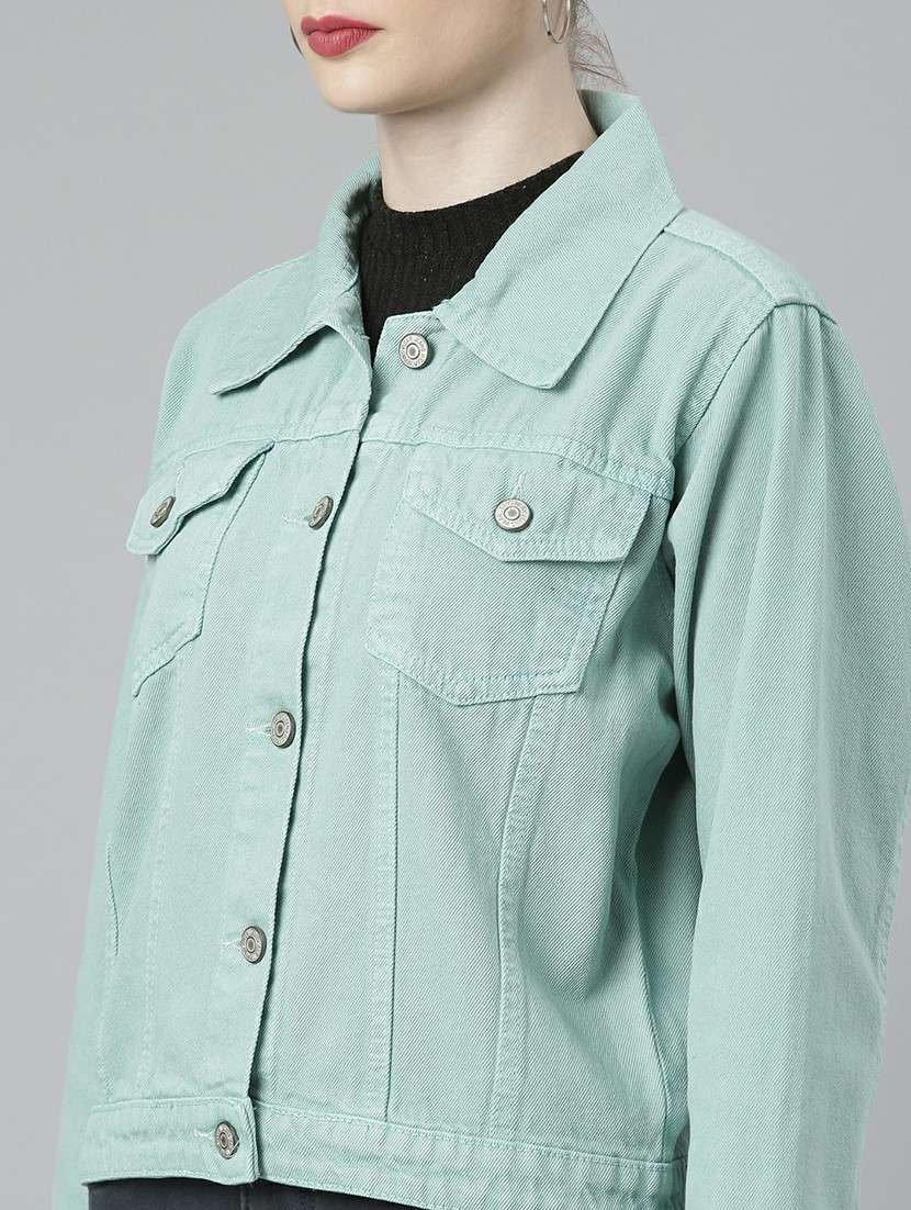 women sea green solid denim jacket - 20610394 -  Standard Image - 5