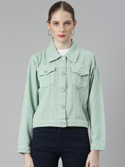 women sea green solid denim jacket - 20610395 -  Standard Image - 0