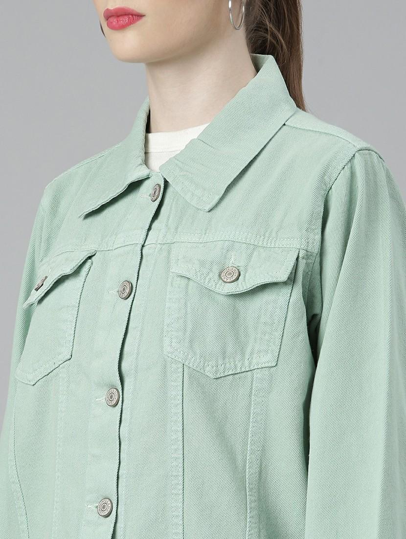 women sea green solid denim jacket - 20610395 - Standard Image - 5
