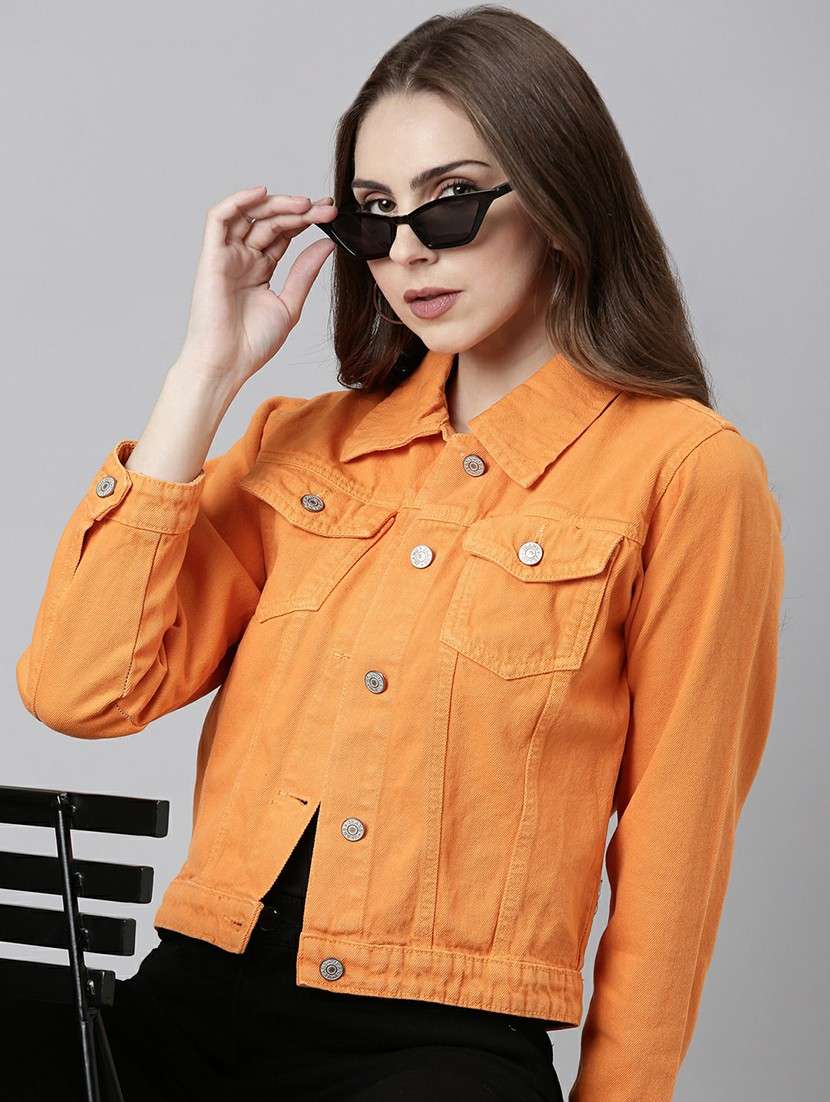 women orange solid denim jacket - 20610397 -  Standard Image - 3