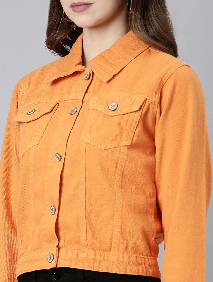 women orange solid denim jacket - 20610397 -  Standard Image - 5