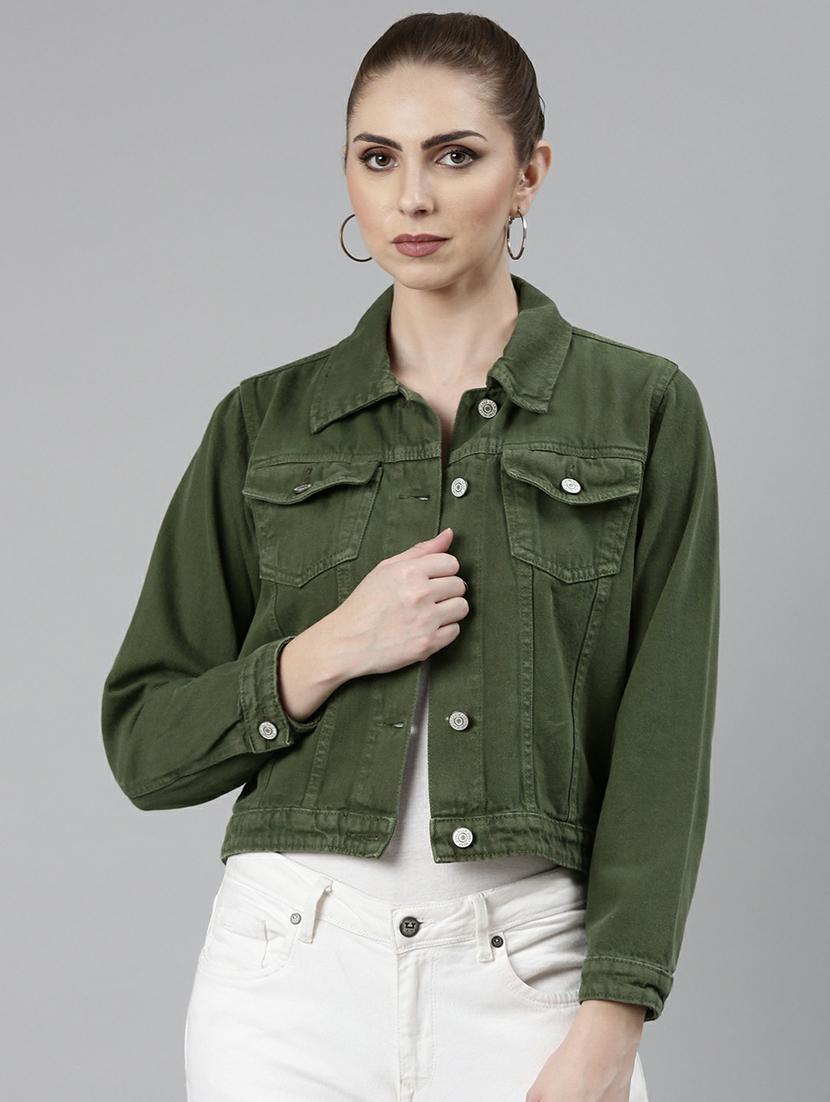 women green solid denim jacket - 20610399 -  Zoom Image - 0