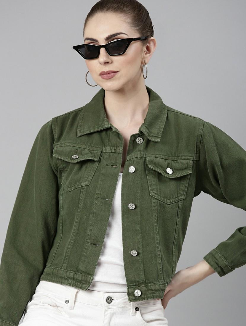 women green solid denim jacket - 20610399 - Standard Image - 3