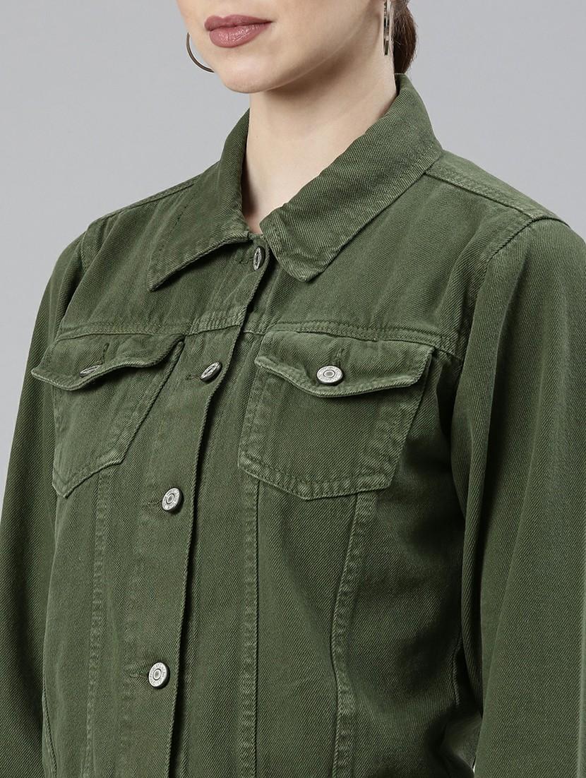 women green solid denim jacket - 20610399 - Standard Image - 5