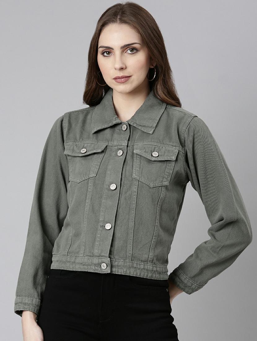 women grey solid denim jacket - 20610400 - Zoom Image - 0