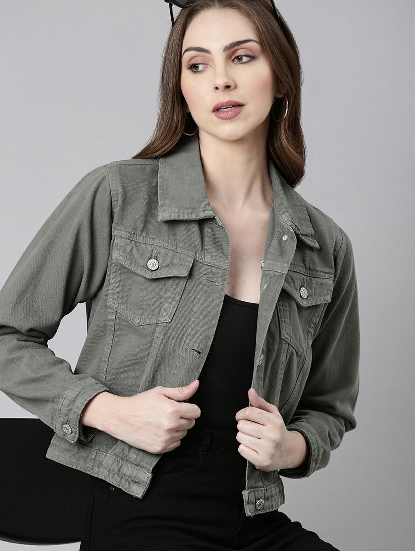 women grey solid denim jacket - 20610400 - Standard Image - 3