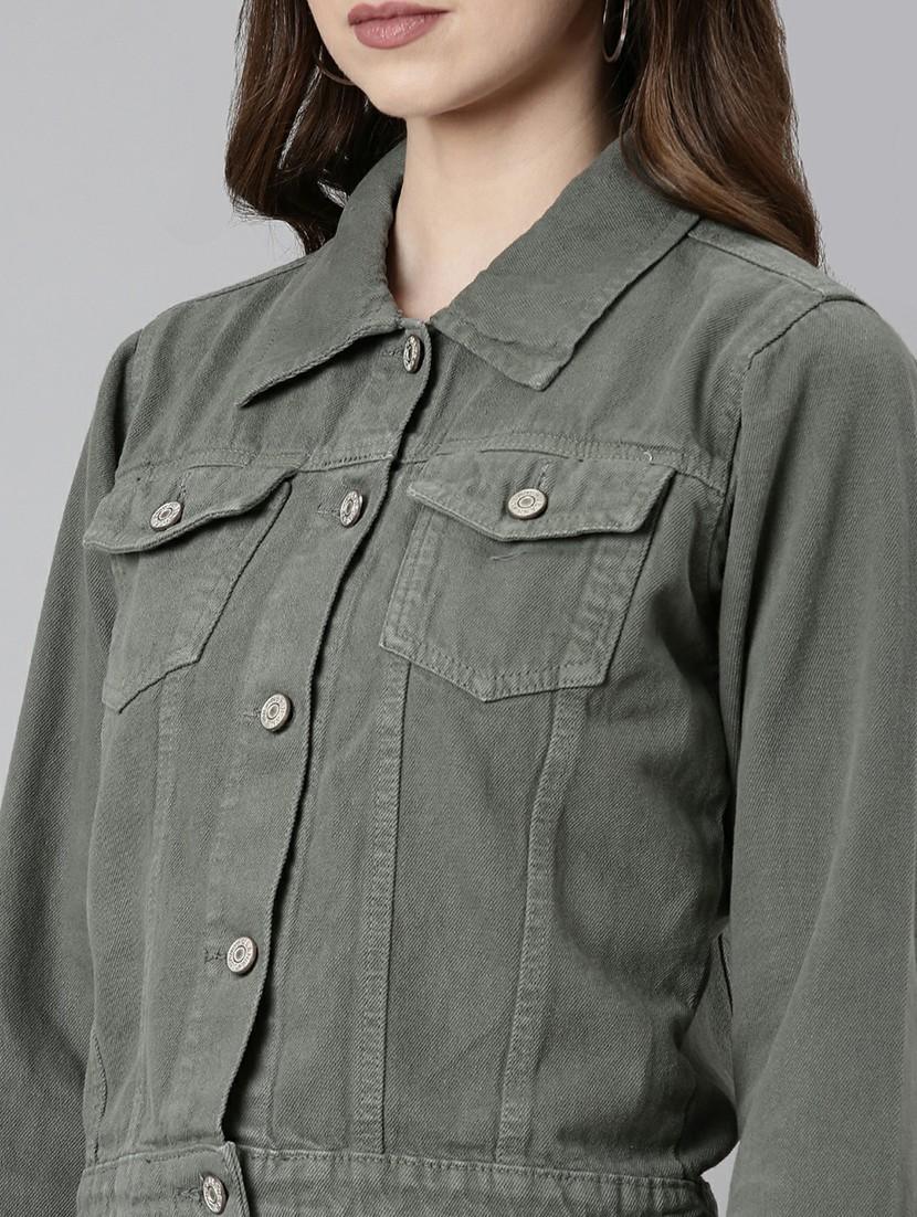 women grey solid denim jacket - 20610400 - Standard Image - 5