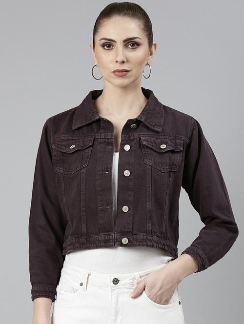 women purple solid denim jacket - 20610402 - Standard Image - 0