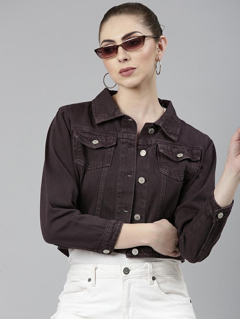 women purple solid denim jacket - 20610402 - Standard Image - 3