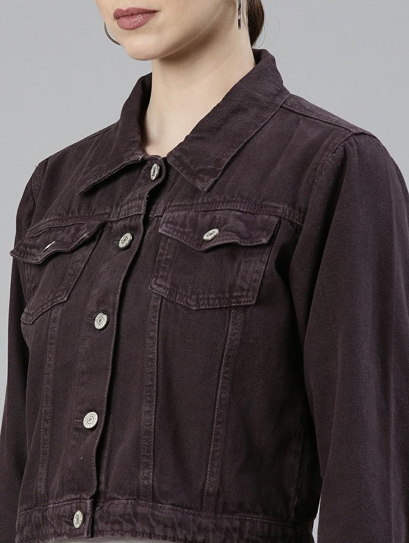 women purple solid denim jacket - 20610402 - Standard Image - 5