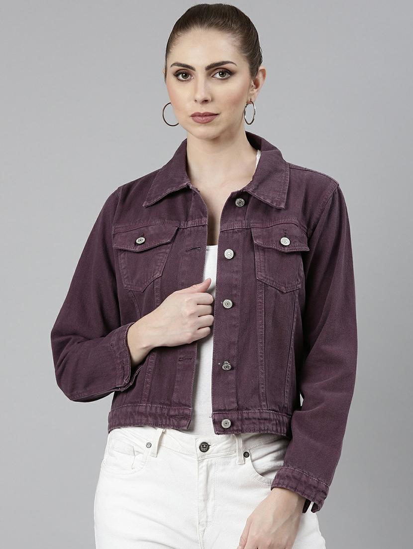 women purple solid denim jacket - 20610404 - Zoom Image - 0