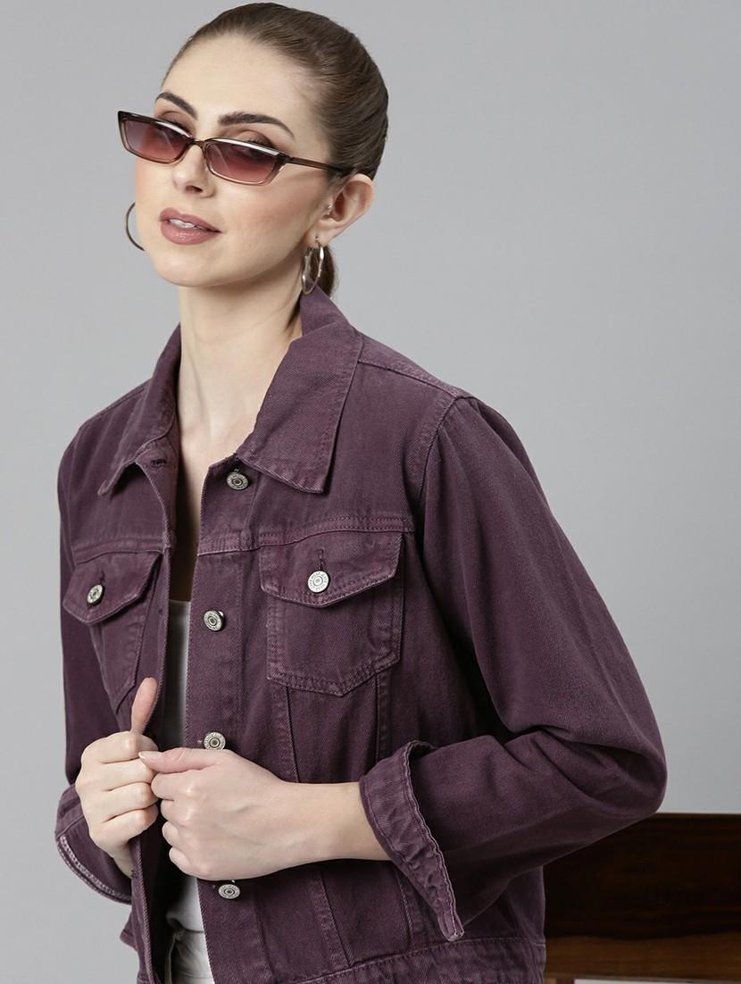 women purple solid denim jacket - 20610404 - Standard Image - 3