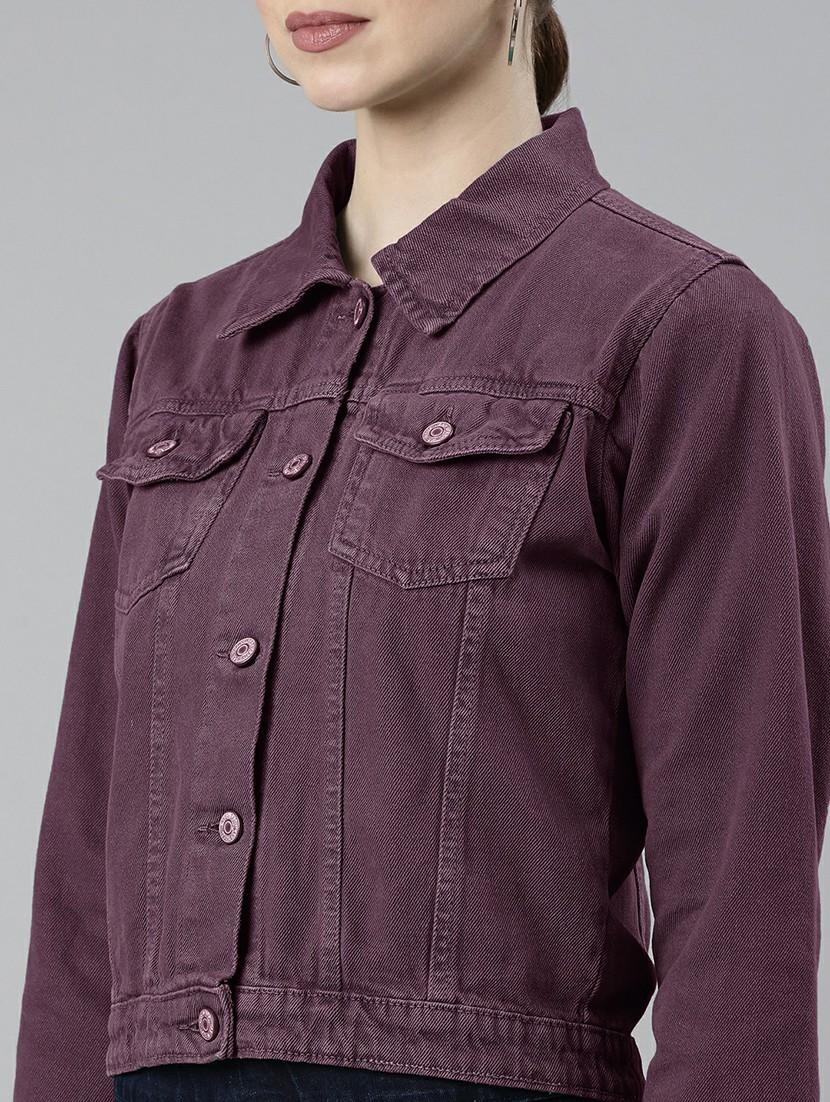 women purple solid denim jacket - 20610404 - Standard Image - 5