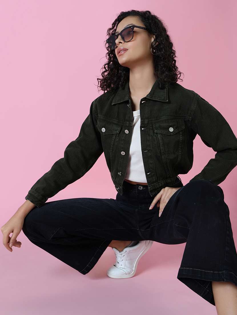 women green solid denim jacket - 20610409 -  Standard Image - 5