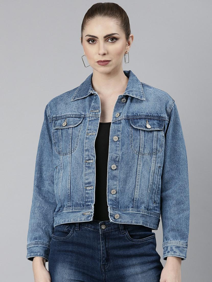 women blue solid denim jacket - 20610413 - Zoom Image - 0