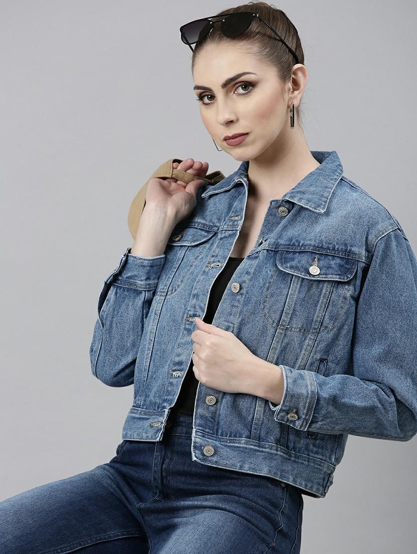 women blue solid denim jacket - 20610413 - Standard Image - 3