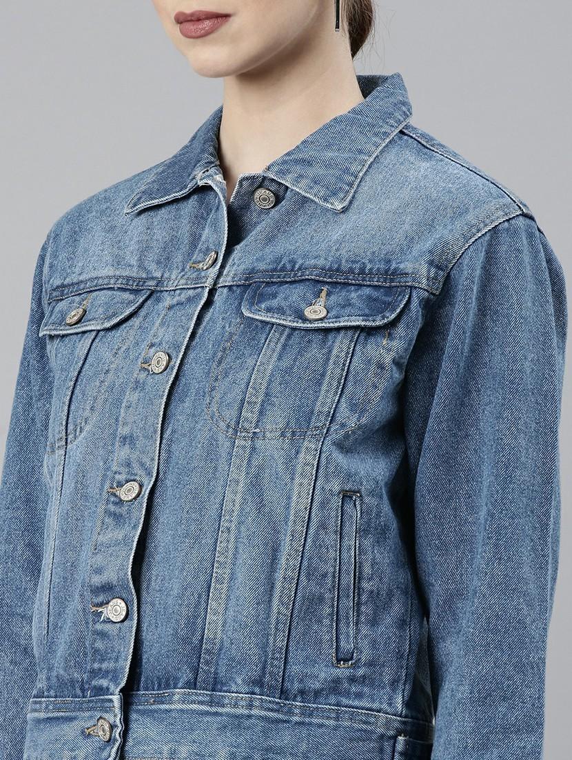 women blue solid denim jacket - 20610413 - Standard Image - 5