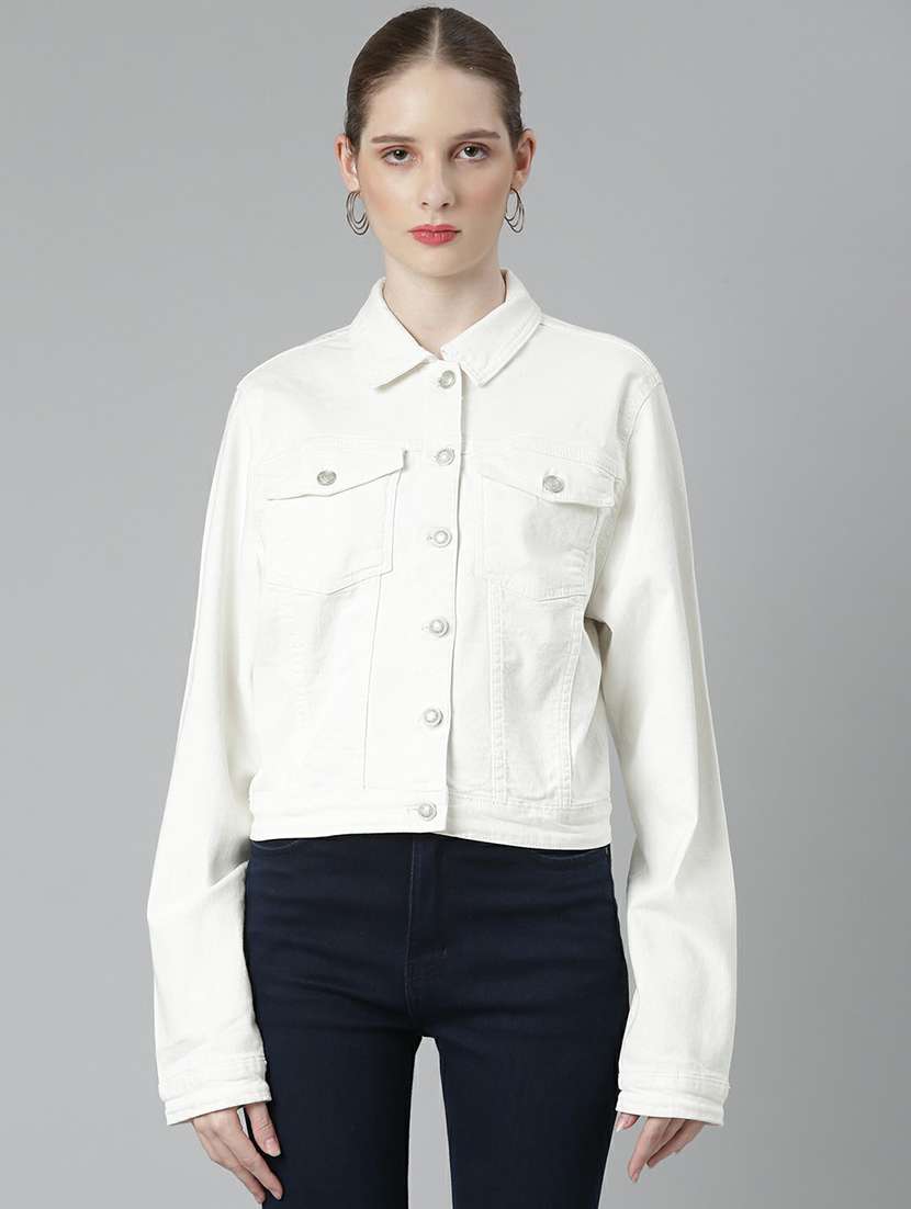 women white solid denim jacket - 20610417 - Zoom Image - 0