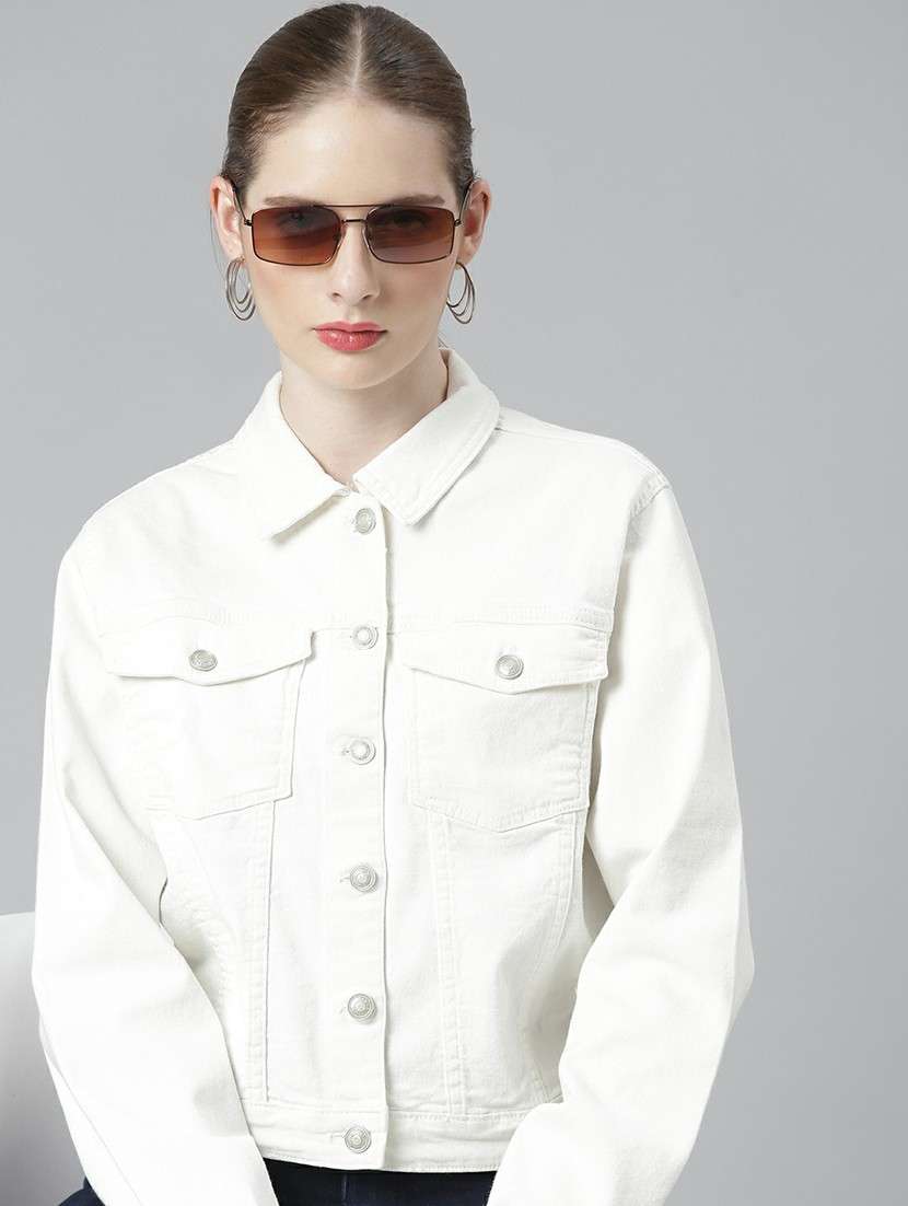 women white solid denim jacket - 20610417 - Standard Image - 3