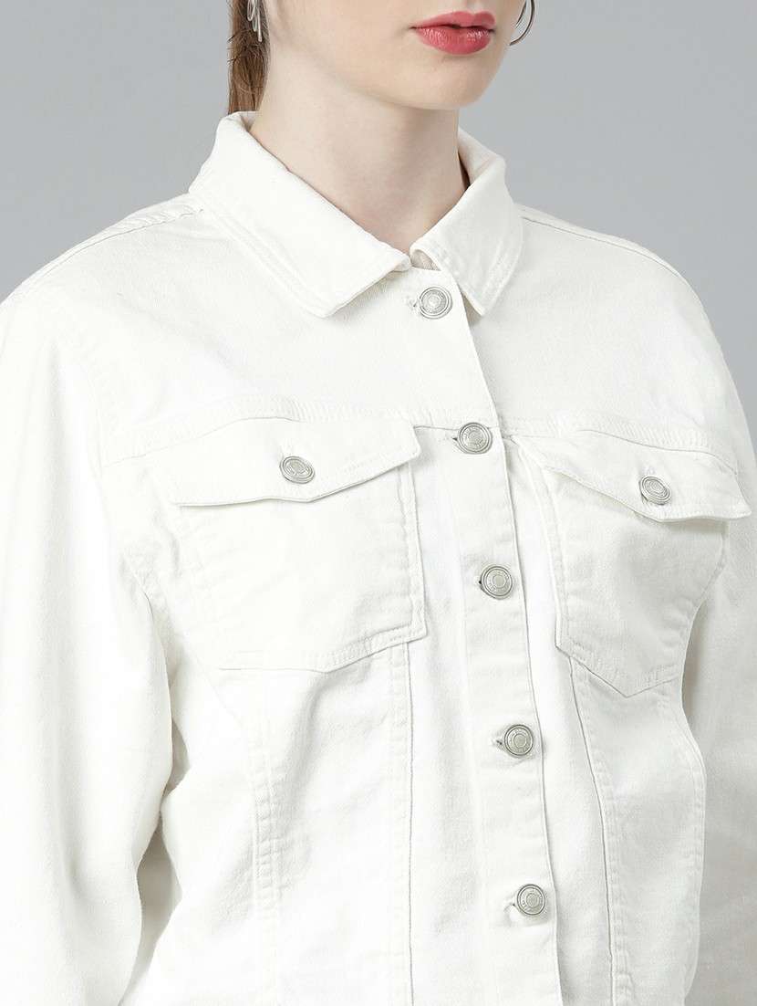 women white solid denim jacket - 20610417 - Standard Image - 5