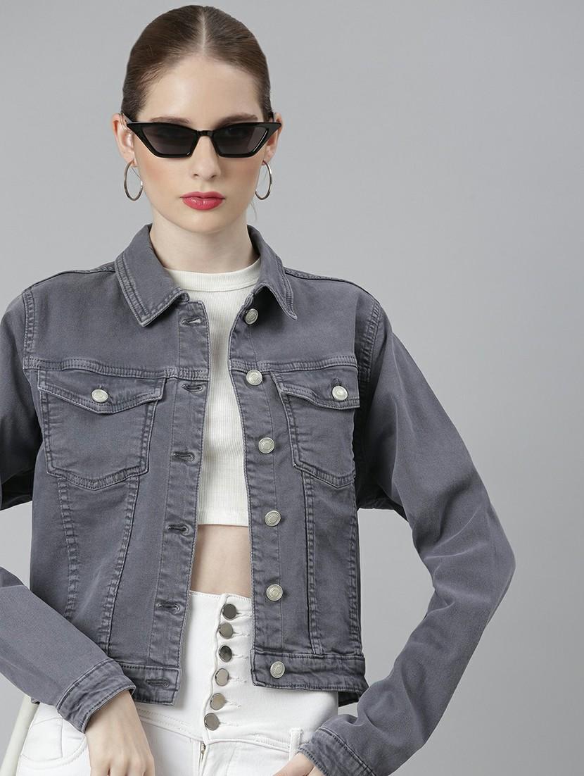 women grey solid denim jacket - 20610419 - Standard Image - 3