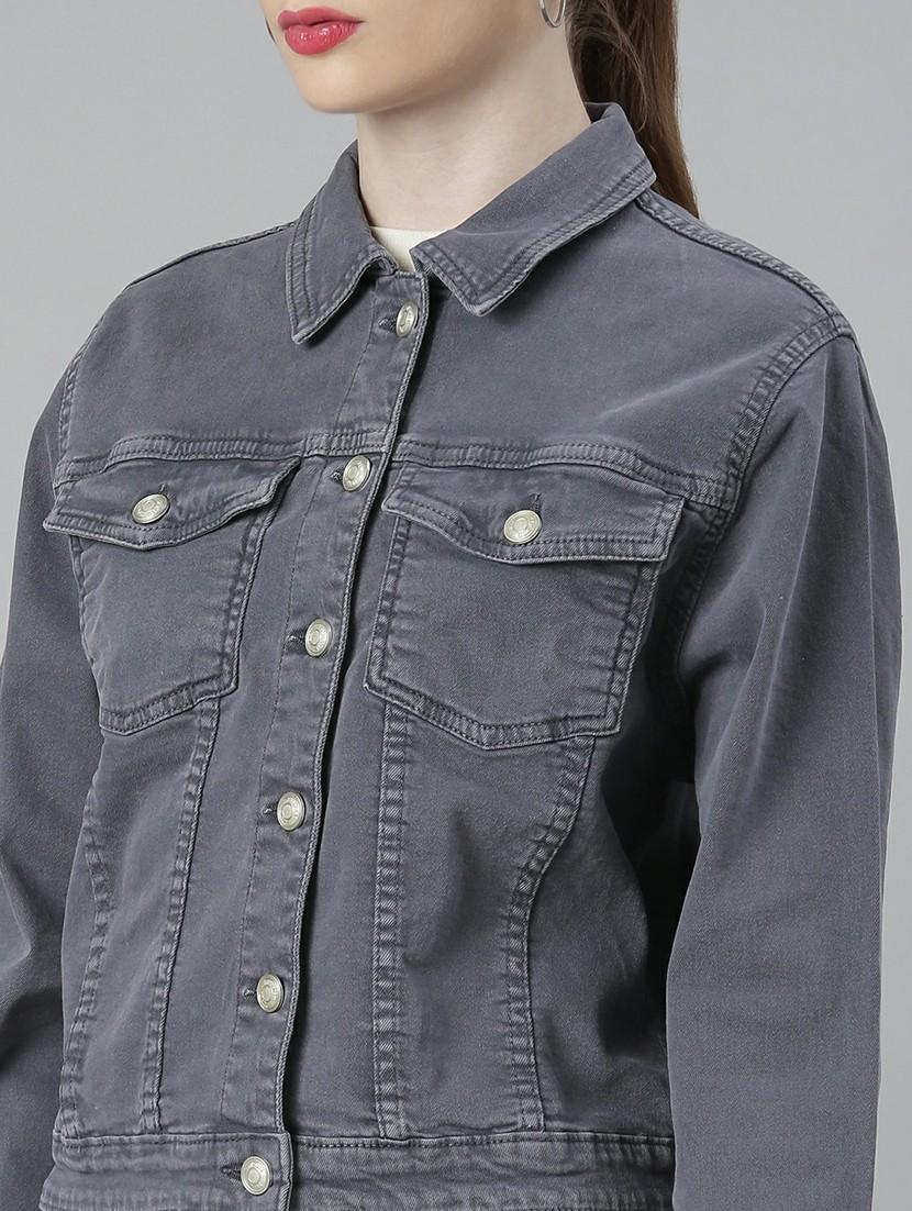 women grey solid denim jacket - 20610419 - Standard Image - 5