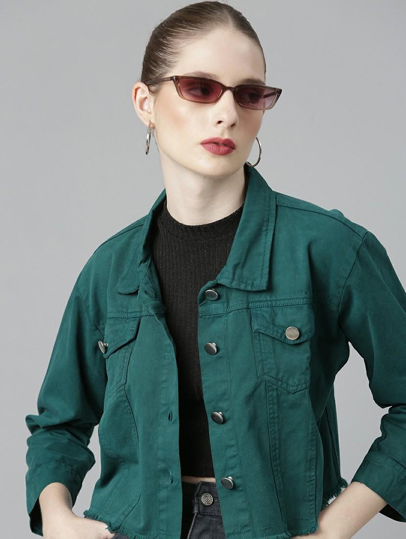 women green solid denim jacket - 20610437 - Standard Image - 3