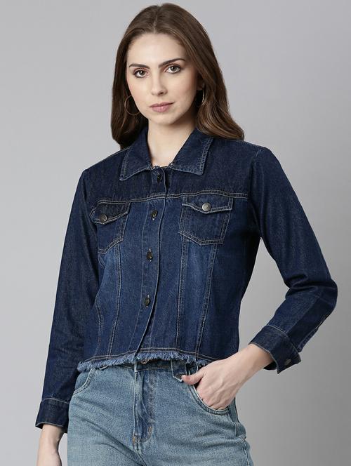 women navy blue solid denim jacket - 20610440 - Standard Image - 0
