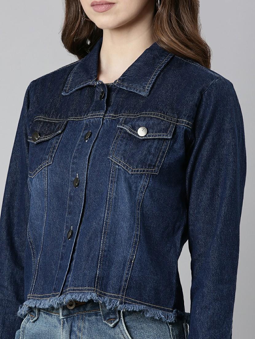 women navy blue solid denim jacket - 20610440 - Standard Image - 5