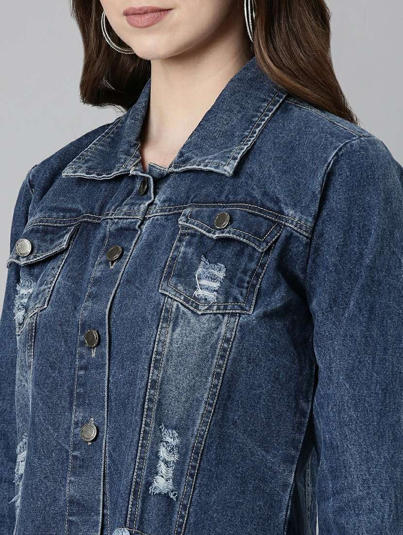 women blue solid denim jacket - 20610441 -  Standard Image - 5