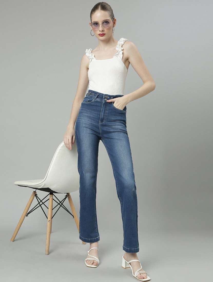 women high rise solid denim jeans - 20610450 -  Standard Image - 3
