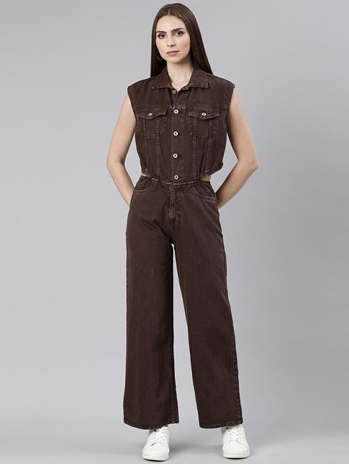 women coffee brown denim full leg jumpsuit - 20610457 -  Standard Image - 0