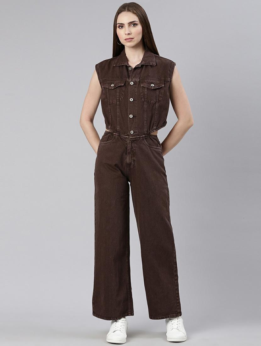 women coffee brown denim full leg jumpsuit - 20610457 -  Zoom Image - 0