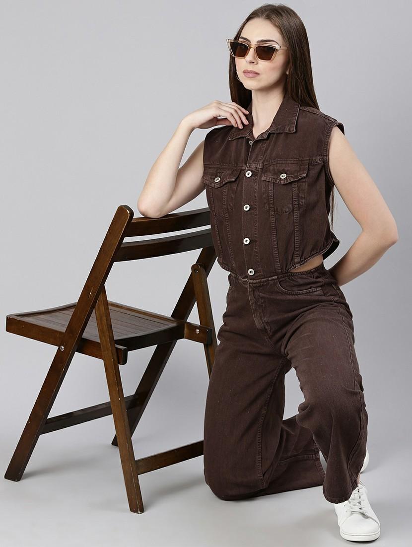 women coffee brown denim full leg jumpsuit - 20610457 - Standard Image - 3