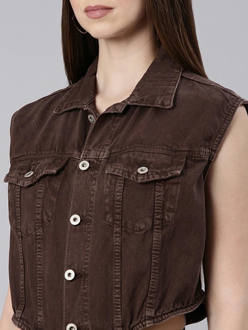 women coffee brown denim full leg jumpsuit - 20610457 - Standard Image - 5