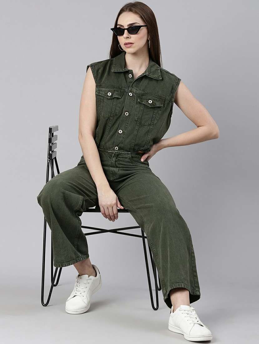 women olive denim full leg jumpsuit - 20610458 -  Standard Image - 3