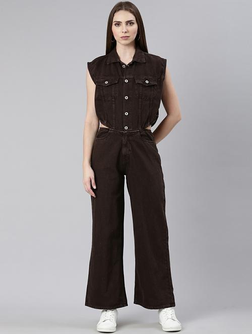 women coffee brown denim full leg jumpsuit - 20610459 -  Standard Image - 0
