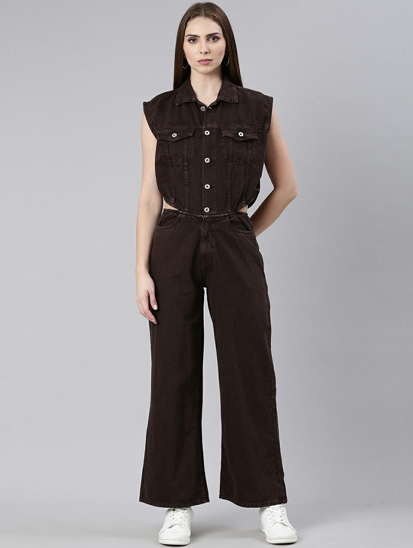 women coffee brown denim full leg jumpsuit - 20610459 -  Zoom Image - 0