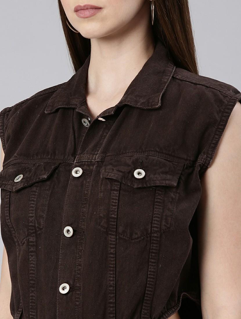 women coffee brown denim full leg jumpsuit - 20610459 - Standard Image - 5