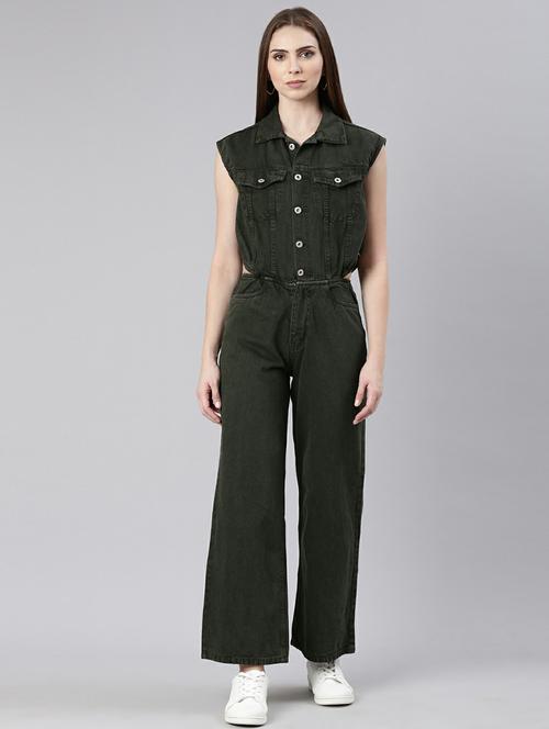women dark olive denim full leg jumpsuit - 20610460 - Standard Image - 0