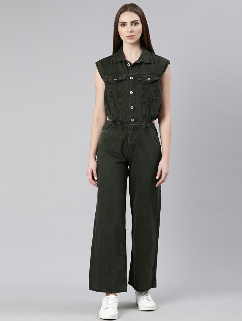 women dark olive denim full leg jumpsuit - 20610460 - Zoom Image - 0