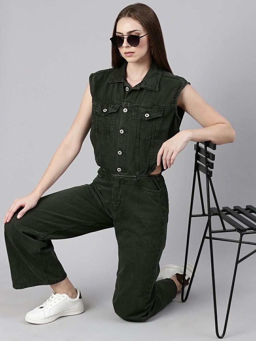 women dark olive denim full leg jumpsuit - 20610460 - Standard Image - 3