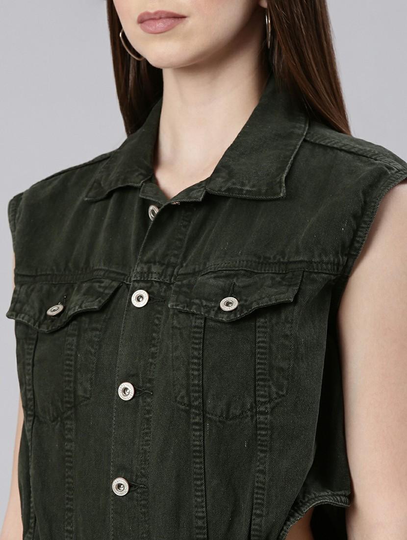 women dark olive denim full leg jumpsuit - 20610460 - Standard Image - 5